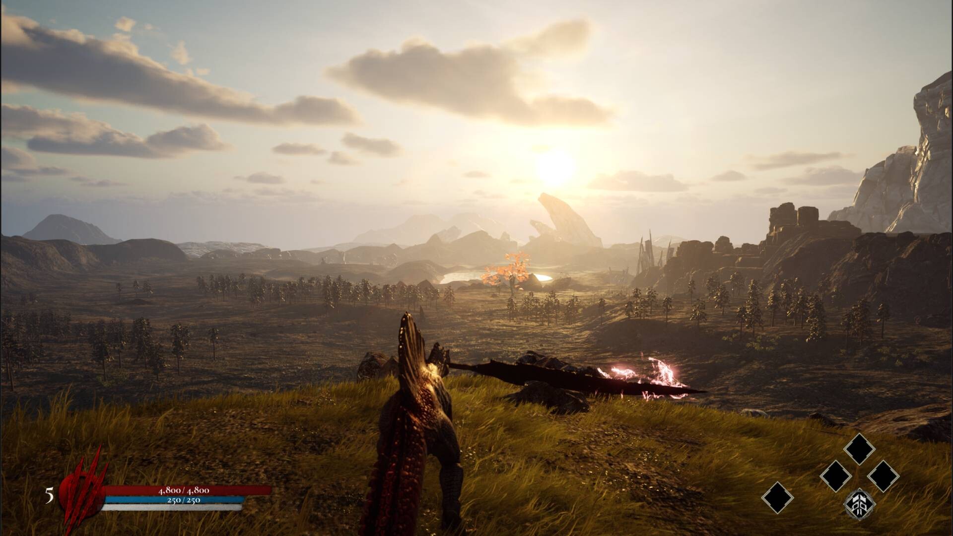 Official Dinoblade screenshot of the Spinosaurus overlooking a broad prehistoric valley